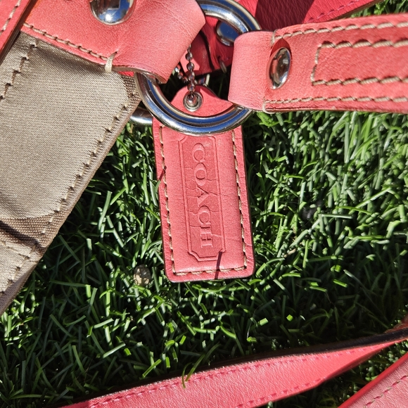 Coach Signature Canvas Shoulder Purse Satchel Neon Coral **WITH Coach Dust Bag** - Picture 6 of 16